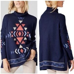 NWT J Jill Women’s M Blue Aztec Knit Funnel Neck Sweater Poncho Southwestern